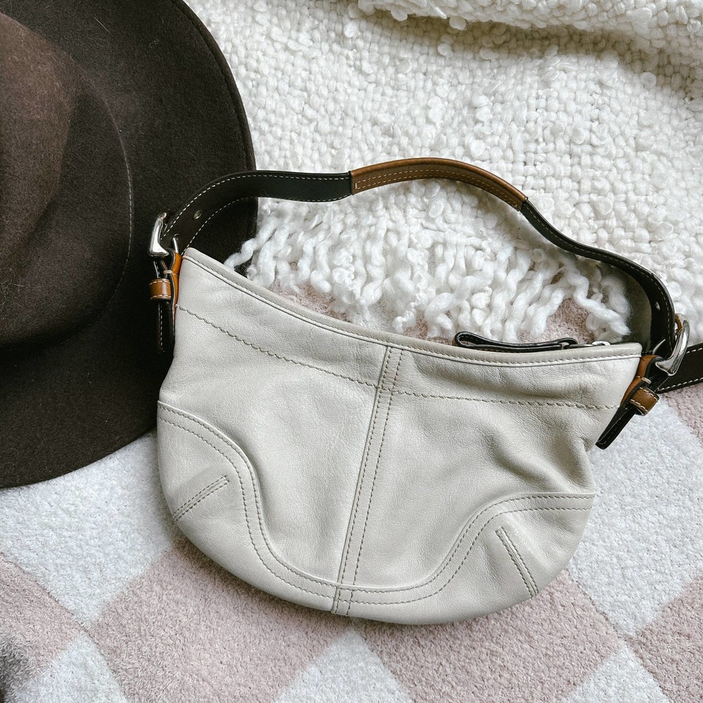 Vintage Coach Soho Leather Small Crescent Hobo Handbag Purse White and Brown